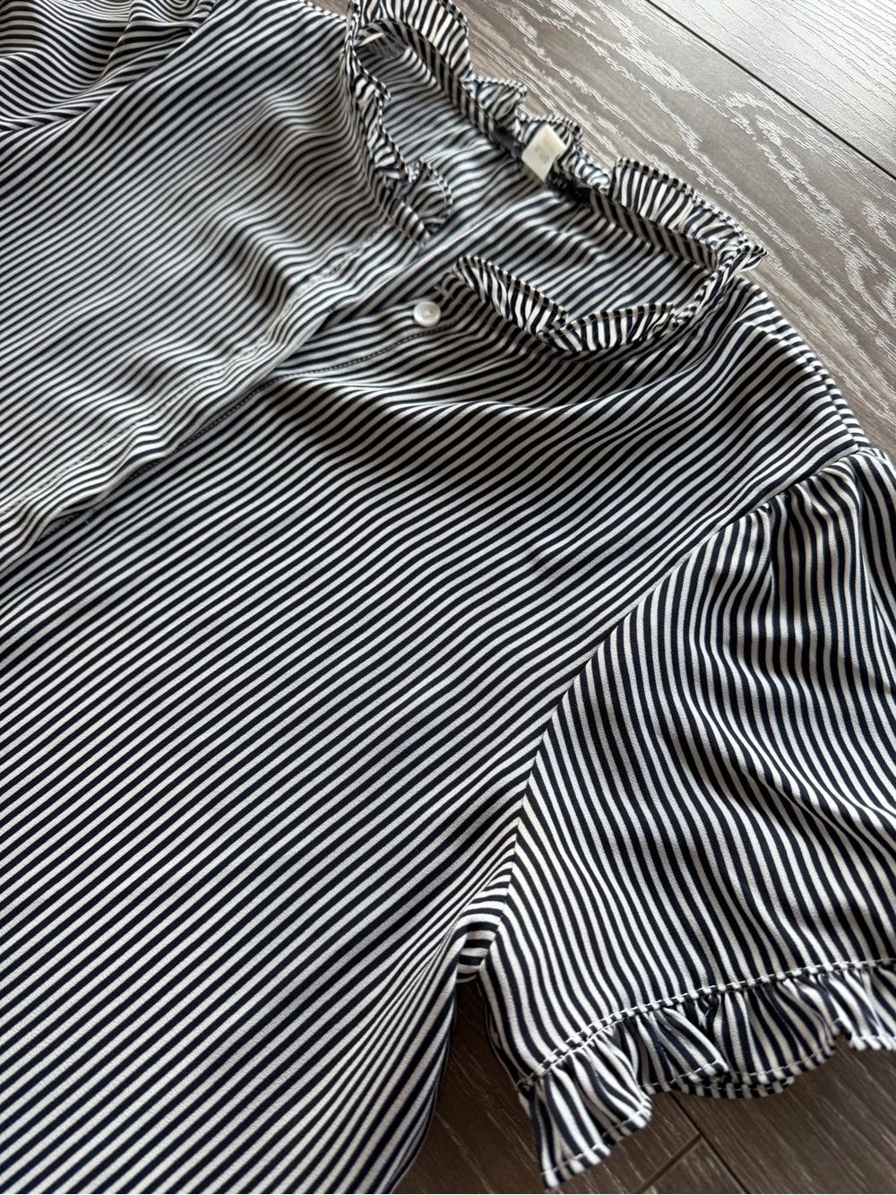 TTAHARI Black & White Striped Ruffle Collar Women's Blouse